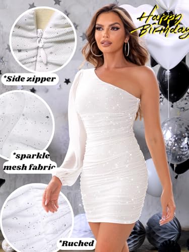 Image of ShawGobow Sparkly Outfits for Women,One Shoulder Ruched Bodycon Short Prom Dress,Sexy Dresses Cocktail Homecoming Nye