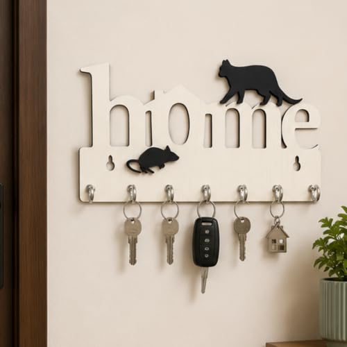 Image of Webelkart Premium Home Keys Wooden Key Holder (29 cm x 13.5 cm x 0.4 cm, Wood) 7 Hook - Decorative Items for Home Decor (Off White)