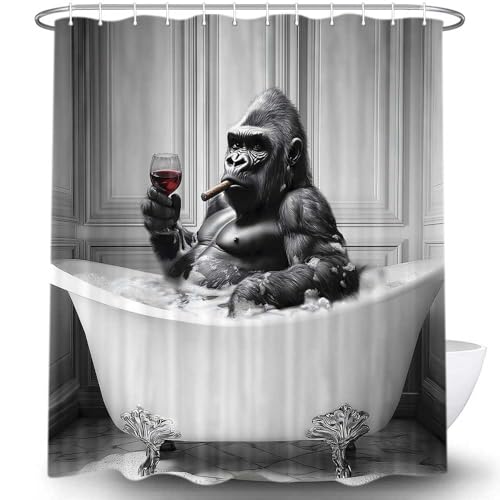 Image of Funny Monkey Shower Curtain, 70x70IN, Grey, Polyester, Waterproof, Modern Style, Boys Men Masculine Bathroom Decoration