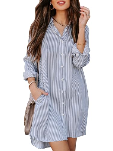 Womens Button Down Shirt Dresses with Pockets Striped Cotton Shirts Collared Long Sleeve High Low Blouse Tops