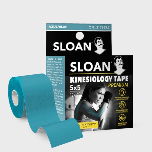 SLOAN Kinesiology Tape – Cinta Kinesiológica Elástica 5cm x 5m – Premium, Hipoalergénica, Transpirable y Resistente al Agua – Sin Látex – Soporte Deportivo y Rehabilitación (Azul)