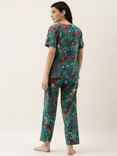 Image of SANSKRUTIHOMES Women's Premium 100% Cotton Printed Co-Ord Set | Short Sleeve Shirt & Pant Set | Pink Checkered Sun & Palm Tree Print | Casual Summer Resortwear, Vacation Wear & Comfortable Loungewear