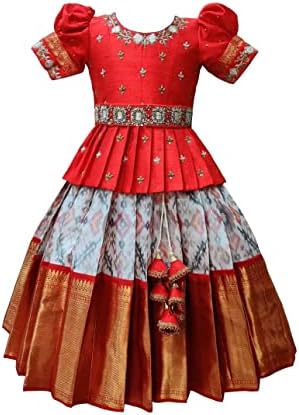 White Button Girls Polyester Blend New South Indian Traditional Pattu Pavadai Jecquard Readymade Lehenga Choli Dress