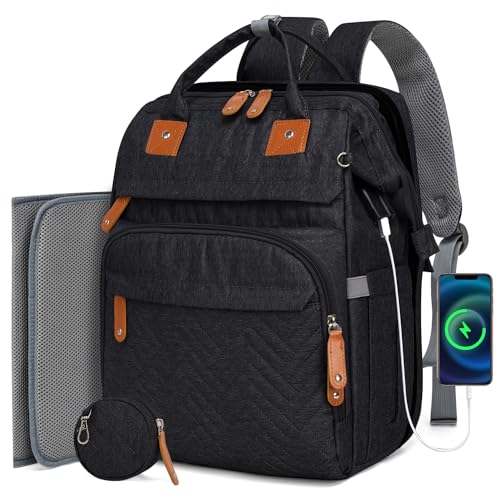 Image of KABAQOO Diaper Bag Backpack, Large Baby Diaper Bags for Boys Girls, Baby Bag with USB Charging Port, Multifunction Waterproof Travel Back Pack for Moms Dads, Black