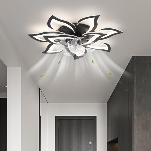 ZHMDJDSH 32" Black Flower Ceiling Fan with Light Remote Control, Low Profile Flush Mount Ceiling Fan for Kitchen Bedroom Living Room — view 3