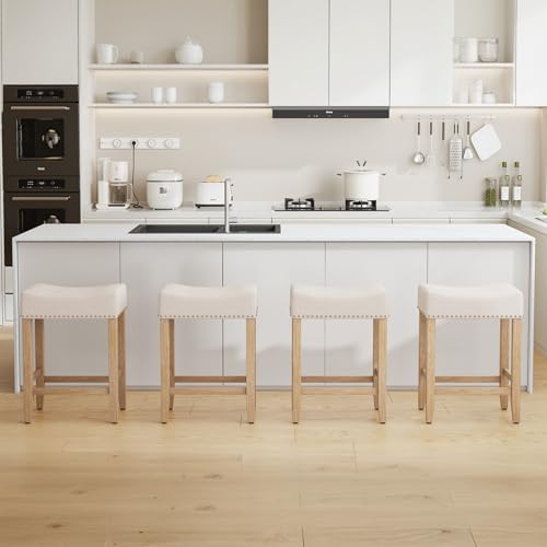 Furniliving Bar Stools Set of 2,25.7 inch Counter Height Bar Stools,Upholstered Kitchen Barstools with Solid Wooden Legs, Saddle Stools for Kitchen Island, Bar, Cafe, Beige