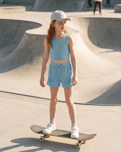 Image of Stelle Girls 2 Piece Outfits Tank Top and Shorts with Pockets 5-15 Years | Girls Ribbed Crop Tops,Scoop Neck,Sleeveless shirts,Elastic Waist Shorts,Bow Waist,Side Pockets