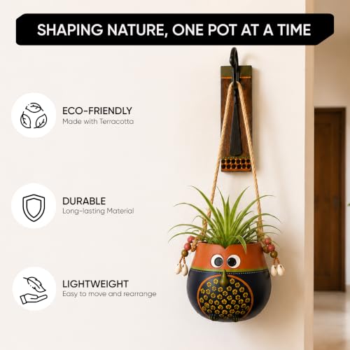 Image of AAKRITI ART CREATIONS Wall Hanging Planter with Hook | Brown & Blue Earthen Planter on Classic Hook, Modern Art, Matte Finish | Metal, Terracotta & Wood | Decorative Hanging Pot for Indoor & Outdoor