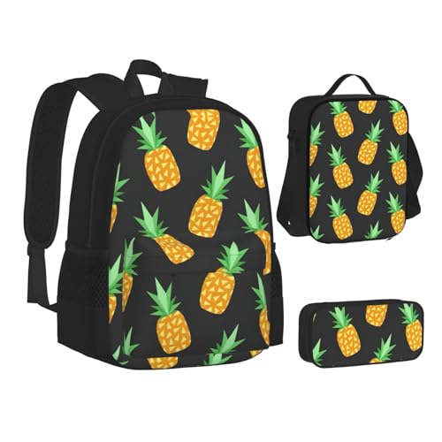 Yellow Pineapple Print 3 Piece Set Backpack, Lunch Bag, Pencil Case, Cute Sturdy For College And Travel2