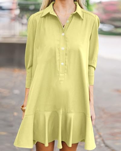 Image of YEXPINE Women's Tunic Mini Shirt Dress Cotton Linen Long Sleeve Button Up Ruffle Hem Loose Casual Summer Pockets Shift Dress
