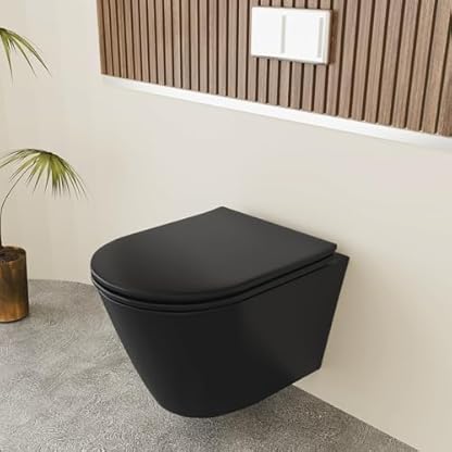 Alpenberger Hänge WC Komplettset | WC Schwarz Matt Spülrandlos | Klo mit Toilettenspülkasten Geberit Duofix Bausatz und Betätigungsplatte | Unterputz Spülkasten WC | Wand WC Set – Bild 4
