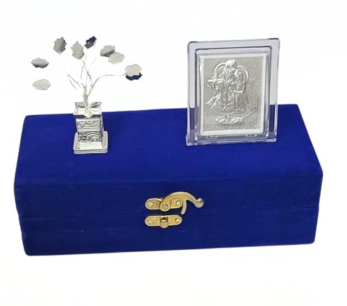 Image of 999 Silver Radha Krishna Frame and German Silver Tulsi for Wedding Gifts, 25th, Return Gifts, Diwali Gifts