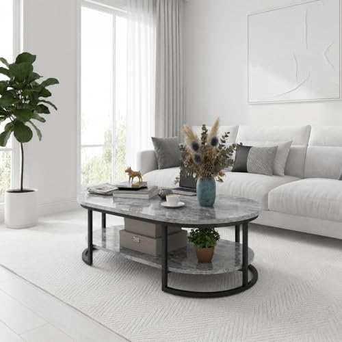 Image of NEST NATURE HAVEN Coffee Table for Office, Dining, Tea Room, Center Table for Living Room, Contemporary Simple Cocktail Table with Gray Desktop and Black Metal Frame
