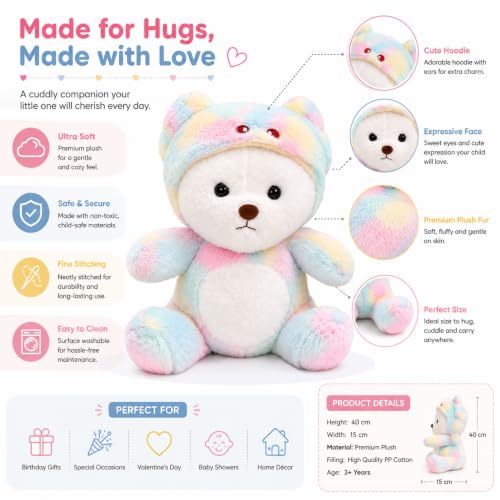 Image of VanityX Soft Plush Teddy Bear with Cute Hoodie, Rainbow Stuffed Animal Toy for Kids, Baby Teddy Bear, Hugging Plush Doll, Birthday Gift for Girls & Boys, Home Decor (40 cm, Rainbow Color)