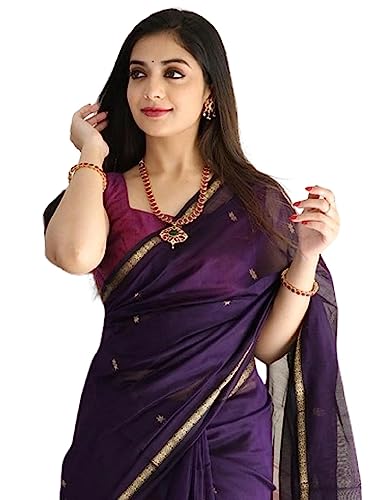 Image of SGF11 Women's Kanjivaram Soft Cotton Linen Silk Saree With Blouse Piece (Purple Pink)