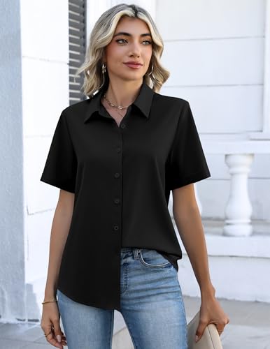 Image of Zeagoo Button Down Shirts for Women Short Sleeve Collared Tops Dressy Casual V Neck Blouses