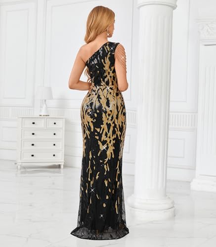 Image of Cololura Women Sequin Elegant Sexy One Shoulder Tassel Mermaid Bodycon Cocktail Evening Dress