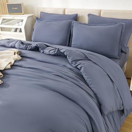 Litanika King Size Comforter Set Bluish Grey - 7 Pieces Bed in a Bag King Bedding Comforter Sets, Solid Lightweight Bed Set with Comforter, Sheets, Pillowcases & Shams