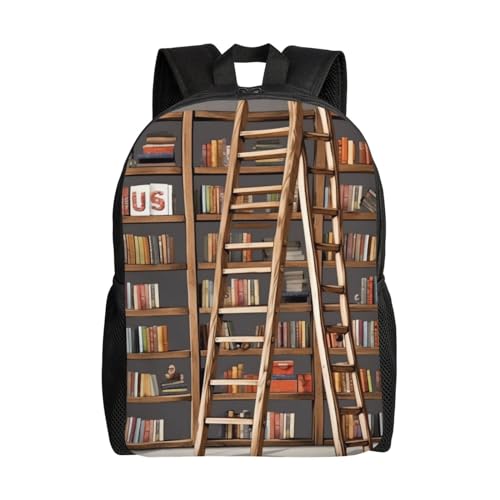 RLDOBOFE Mochila de viaje informal para hombres y mujeres, divertida colección de estantes para libros y escalera, mochila ligera de doble hombro para el trabajo, senderismo, Negro -, Talla única