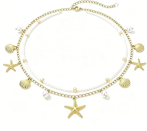 Gold Starfish Waist Chain for Women 2Pcs Adjustable Layered Belly Chain Bohemian Shell Beaded Bikini Body Chain for Beach, Summer Festival, Vacation & Boho Accessories