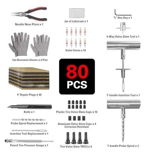 CKAuto Tire Plug Repair Kit, Heavy Duty Car Emergency Tool Kit for Flat Tire Puncture Repair, 80 Pcs Value Pack, Tire Patch Kit fit for Autos, Cars, Motorcycles, Trucks, RVs, etc.