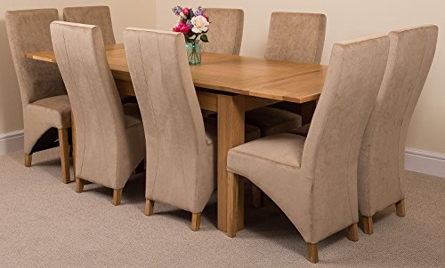 Image of Oak Furniture King Solid Oak Extending Dining Table & Chairs Set 8 Seater Kitchen Dining Set – Richmond 140-220 cm Extendable Table & Lola Upholstered Beige Fabric Chairs, Wooden Furniture