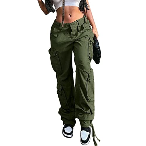 Yahuiul Cargo Pants Women, Parachute Pants For Women Baggy Low Waist Zipper Y2K Pants Light Baggy Jogger Relaxed 02 Armygreen L #TOP1