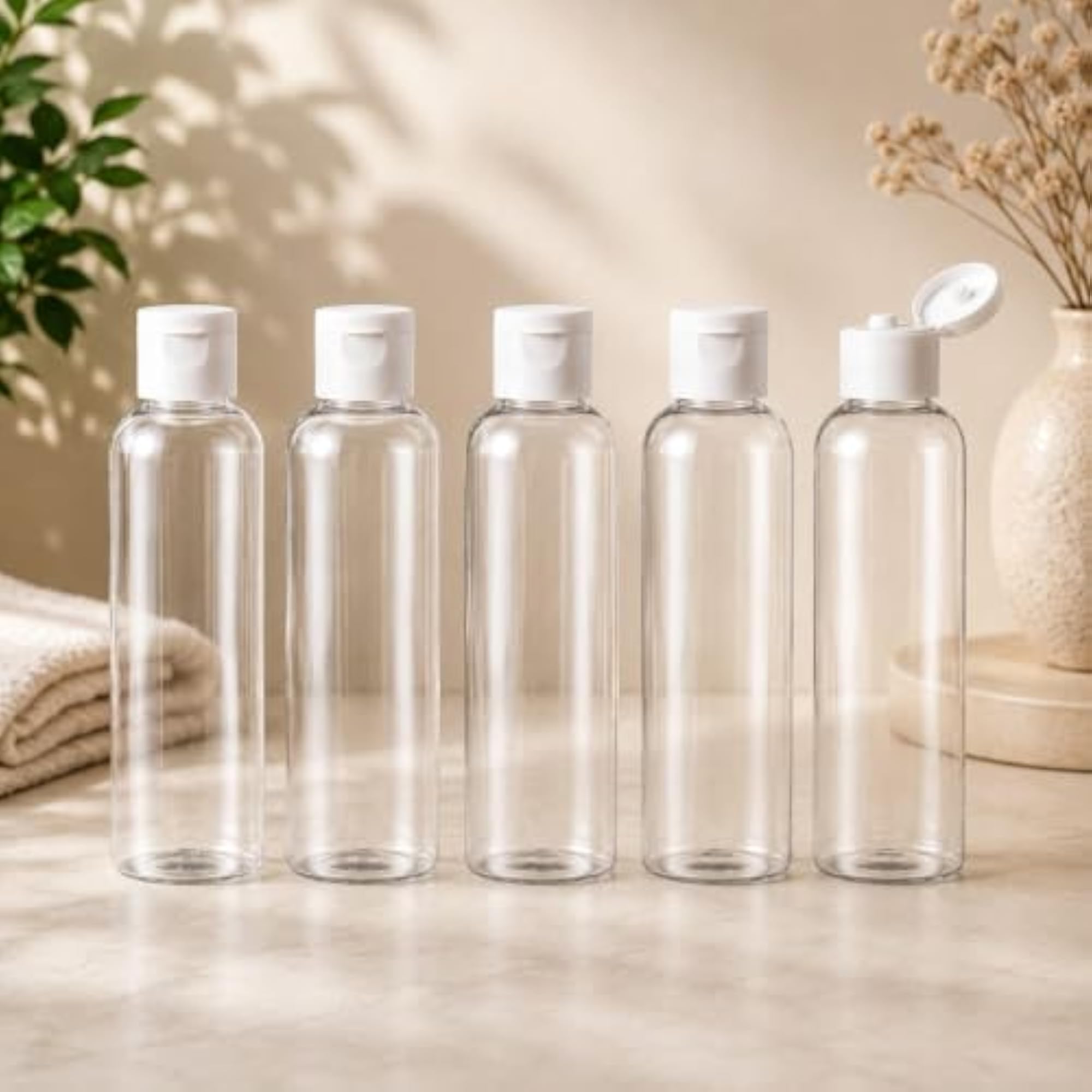 5 Pcs Empty Plastic Bottles with Cap, Refillable Dispenser