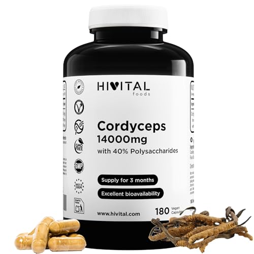 Cordyceps 14000 mg. 180 cápsulas veganas para 3 meses de tratamiento. Cordyceps Sinensis CS-4 con 40% Polisacáridos. Extracto Natural de Hongo Cordyceps. Fabricado en España por HIVITAL