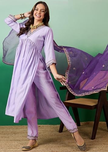Image of TRENDMALLS Women's Chanderi Silk Embroidery Work Salwar Suit Set Kurta Pant with Dupatta For Women