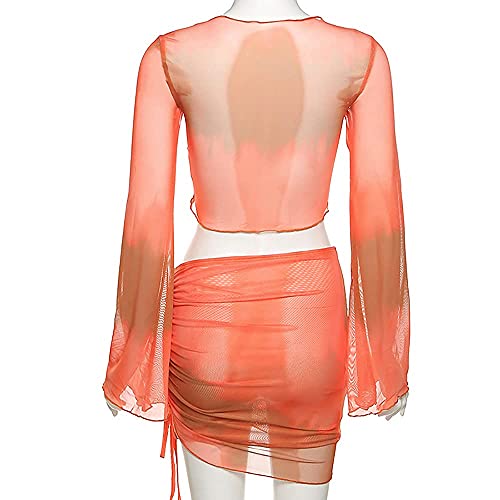 Image of Women's Sexy Long Sleeveless 2 Piece Sheer Mesh Cover Up Dress Crop Top Bodycon Ruched Mini Skirt Sets