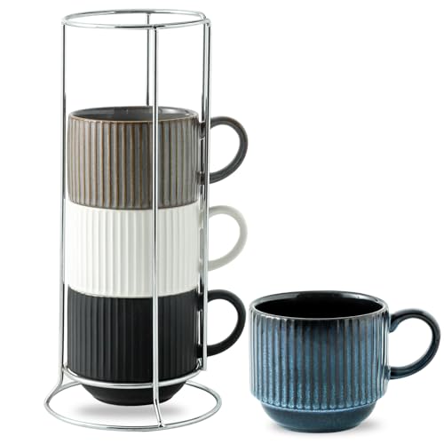 Hasense Coffee Mug Set of 4 with Holder - 15 oz Stackable Large Ceramic Ribbed Latte Cup Set for Cappuccino, Tea, Hot Cocoa, Drinks - Dishwasher & Microwave Safe Multi color