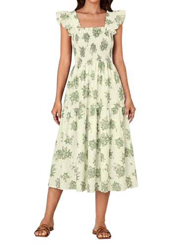 Image of Rooscier Women's A Line Smocked Midi Dress | Summer Sleeveless Square Neck Casual Sundress
