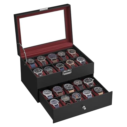 SONGMICS Caja de Relojes, Estuche de Relojes con Tapa de Cristal de 2 Niveles, con Cerradura, 1 Cajón, para Anillos, Pulseras, Regalo Ideal, Cuero Sintético Negro y Forro Rojo Vino JWB020R01