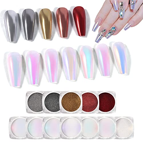 Laza Pearl Chrome Nail Powder, Unicorn Neon 12 Color Mermaid Aurora Powder & Mirror Effect Powder, Metallic Iridescent Nail Art Glitter, Pearlescent Shell Nail Pigment For Gel Polish Nail Art Manicure #TOP12