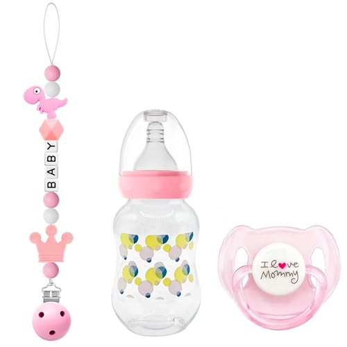 3-Piece Baby Doll Magnetic Pacifier Feeding Set, Realistic Reborn Doll Accessories with Reborn Bottle, Magnetic Doll Pacifier & Cute Animal Pattern Pacifier Clip Pink Pretend Play Toy for Kids Gift