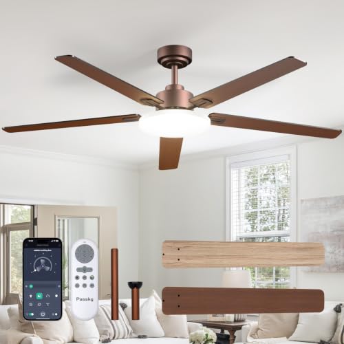 Image of Passky 60 Inch Brown Sleek Ceiling Fans with Lights, Remote Control | 3-color dimmable light, quiet reversible DC motor, easy install, memory, Timer, APP, bedroom, covered outdoor areas