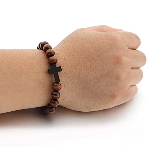 Forubus Wooden Cross Wood Beaded Bracelet For Women Men Religious Christian Jewelry Pray Baptism-Dark thumb #2