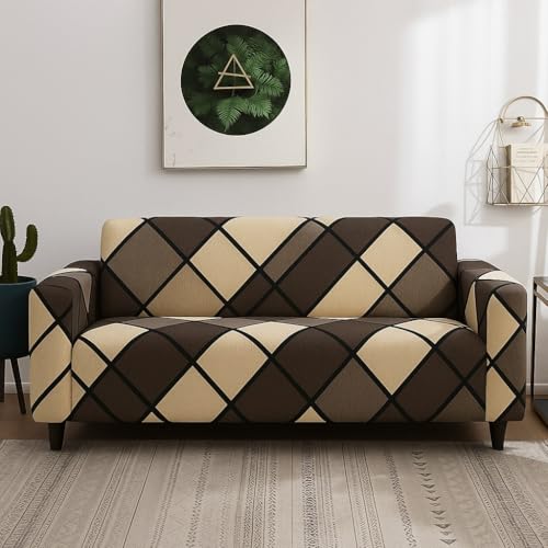 Image of Gorgeous Printed | Fully Covered, Stretchable & Non-Slip Elastic Slipcover Protector Sofa Cover (Brown Check, 3 Seater - Sofa Cover)