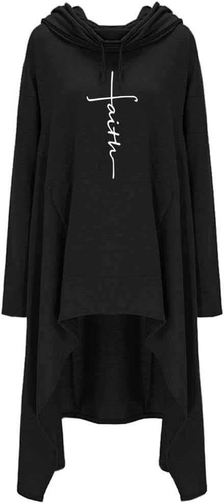 Faith Print Long Sleeve Loose Casual Pullovers Irregular Hem Long Hoodies for Women - Image 2