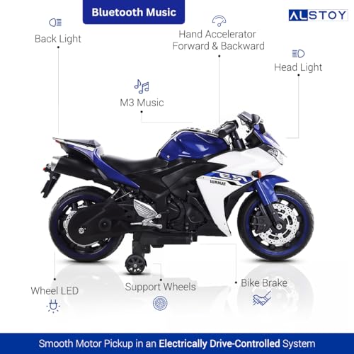 Image of Alstoy Ninja Ride-On Bike for Kids | 12V Rechargeable Battery Electric Toy Bike | Bluetooth Music | 35kg Capacity | Ages 3-8 Boys & Girls| BIS /ISI Approved | 6-Month Warranty | Large | Blue