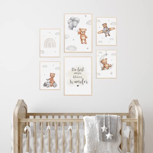 MeinBaby123® Plakat do pokoju dziecięcego, zestaw 6 plakatów DIN A4, obrazy ścienne z sentencją, tęcza, dekoracja pokoju dziecięcego dla dziewczynek i chłopców, dekoracja do pokoju dziecięcego