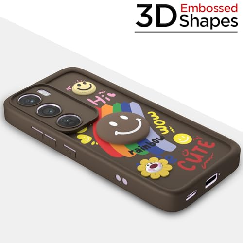 Image of Pikkme Back Cover for Oppo Reno 12 Pro 5G | Soft Silicone| Cute Rainbow Smile & 3D Cartoon Flower Design | Shockproof Raised Camera Protection Bumper Case (Brown)