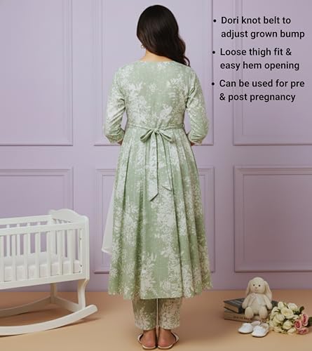Image of DUMMY SHAPE Maternity Dresses for Women Cotton | Floral Kurta Pant Dupatta Set with Nursing Zippers, Side Pocket | Pre & Post Pregnancy | Feeding Kurti Suit | Baby Shower | Gifts for Pregnant Woman