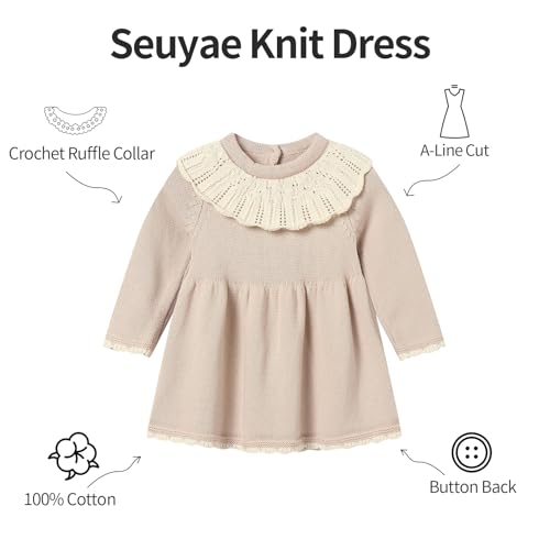 Baby Girl Knit Sweater Dress with Crochet Ruffle Collar Cotton Winter Dresses for 6M-5T2