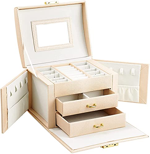 SIBY Leather Small 3 Layer Jewelry Box Organizer with Mirror Lock Drawer Ring Earring Jewelry Storage box(1Pc, Only Peach Color,17.5×13.5×12.5cm)