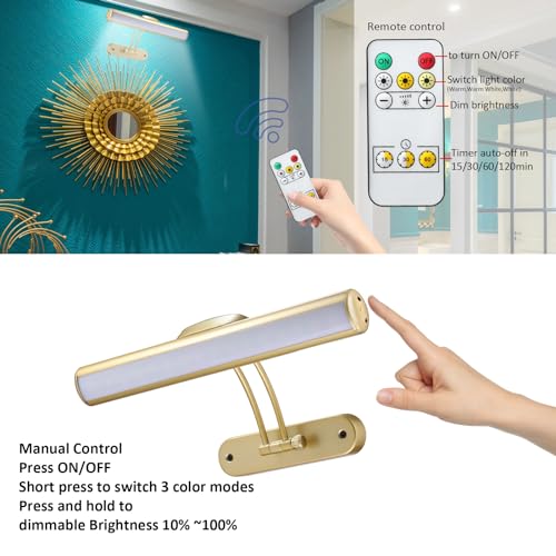 Image of MIOBLUE Rechargeable Picture Light with Remote, Wireless Battery Art Display Light with Remote Control, Dimmable /Timer Off Painting Light, 3 Lighting Modes Full Metal Dartboard Lights (Gold-1Pack)