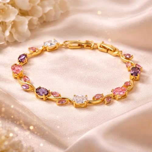 Image of Inites - Anti Tarnish Fairy Bloom Floral Tulip Bracelet With Multi Crystal Stones For Women & Girls | Elegant Floral Branches Golden Chain Link Bracelet Lightweight Jewelry For Daily Wear & Gifts
