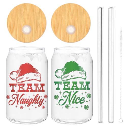 2 Pack Christmas Iced Coffee Cup Team Naughty or Nice Beer Can Glass Red Green Xmas Glass Cup with Lid Straw for Home Office Gifts,16oz