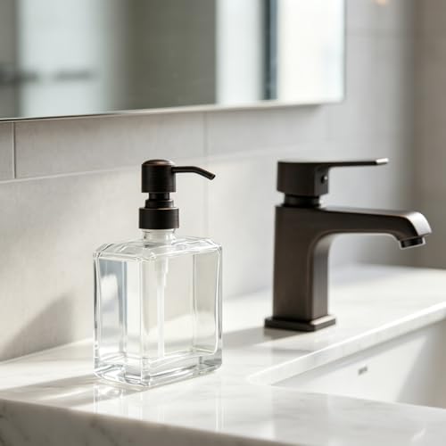 Image of Square Clear Glass Dish Soap Dispenser Set 2 Pack, Oil Rubbed Bronze Refillable Hand Soap Dispenser with Rust Proof Stainless Steel Pump 2 x 13.5 oz Lotion Dispenser for Bathroom Vanity Kitchen